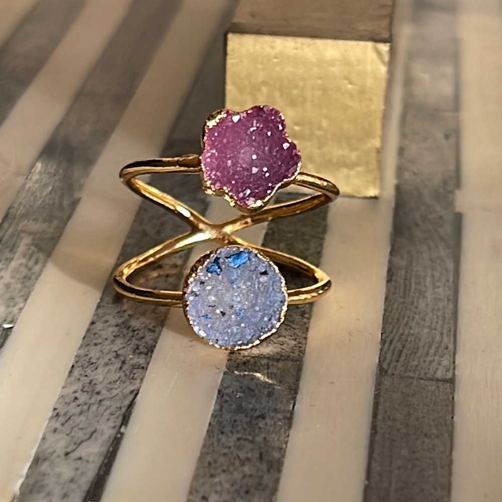 Double druzies ring gold plate size 7 to 8 round opalescent rose colored floral